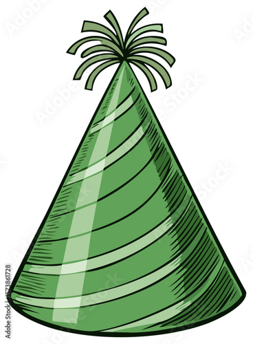 Green party hat with stripes and tassel for celebration events invitation card