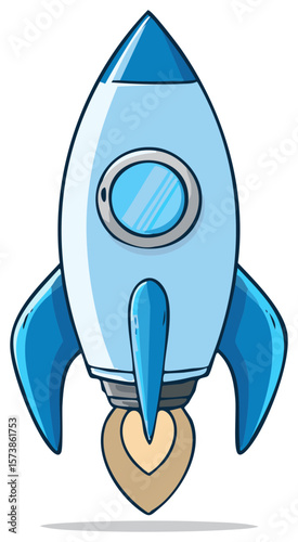 Blue and White Cartoon Rocket Ship Preparing for Liftoff with Window and Flame