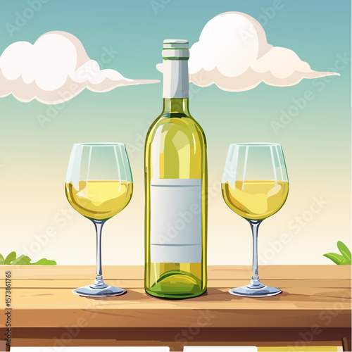 Bottle of chilled white wine and two glasses placed on wooden table