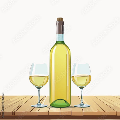 Bottle of chilled white wine and two glasses placed on wooden table