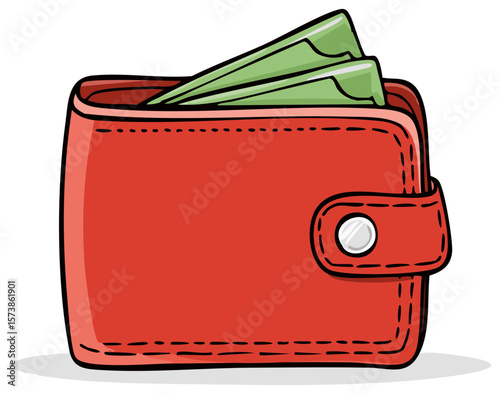 Red leather cartoon wallet overflowing with green paper money, illustrating finance, savings and commerce concepts.