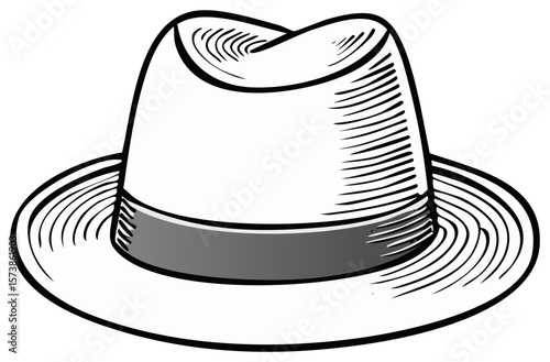 White Classic Fedora Style Hat with Gray Band Drawn in a Black and White Vintage Style