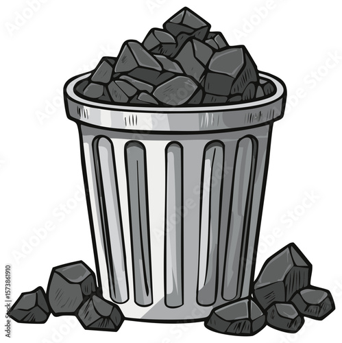 Trash can overflowing with dark gray rocks, metaphor for waste or pollution, isolated on white