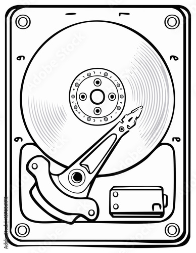 Vector Line Drawing of a Hard Disk Drive Internal Components Close Up