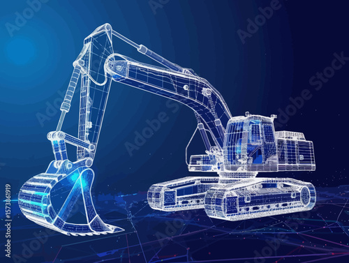 Excavator wire-frame grid futuristic design concept vector illustration