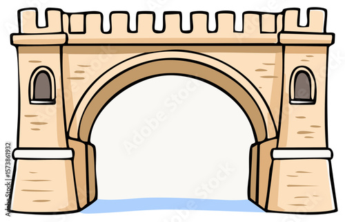 Cartoon Stone Archway Entrance with Rounded Tower Window Openings and Battlements