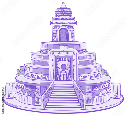 Stylized temple drawing of Aztec structure with multiple levels and staircases in isolated vector format