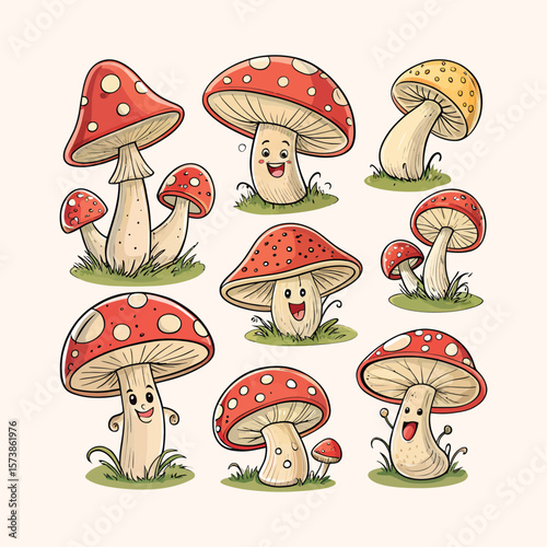 A whimsical illustration of various cartoon mushrooms in a grassy setting
