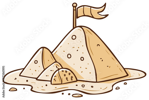 Whimsical Sandcastle with Flag and Multiple Towers Cartoon Illustration