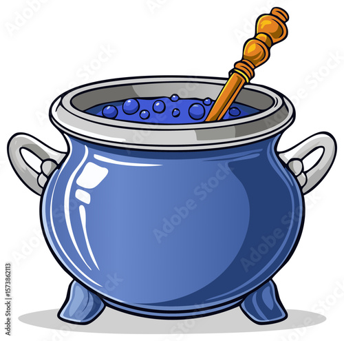 Cartoon illustration of a blue cauldron with liquid and a wooden stirring stick for Halloween