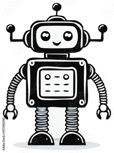 Cartoon Robot Illustration of a Boxy Machine Character with Springy Limbs and a Happy Expression on White