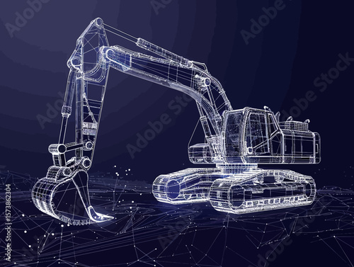 Excavator wire-frame grid futuristic design concept vector illustration