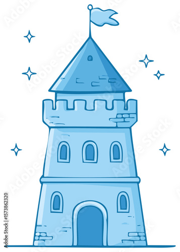 Whimsical light blue castle tower with flag and stars, cartoon fairytale building with arched windows and entrance