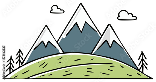 Mountains landscape with trees and clouds illustration of nature scenery