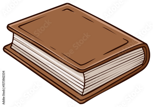 Illustrated brown book with white pages, thick cover, and rounded corners