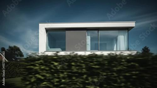 Modern House with Large Windows Behind Hedge