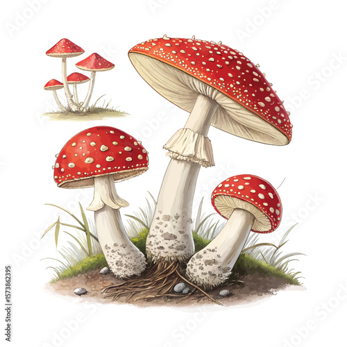 A group of red and white spotted mushrooms growing in a patch of grass
