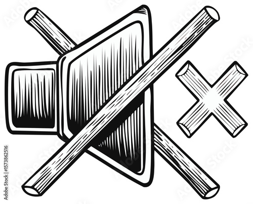 Sound Off Symbol Mute Volume Control Woodcut Illustration Black and White