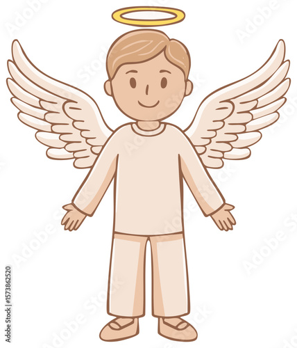 Cartoon Angel Boy Illustration with Wings and Halo smiling with outstretched Arms, festive religious imagery, heavenly figure in innocence