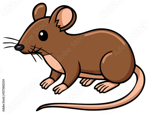 Cartoon Brown Mouse Illustration on White Background - Rodent, Whiskers, Tail