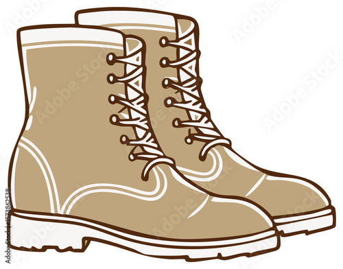 Lace-Up Tan Work Boots Pair with White Soles and Laces, Fashionable, Protective Footwear