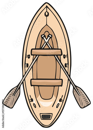 Top View of Wooden Rowboat with Oars Watercraft Vessel for Recreation Cartoon