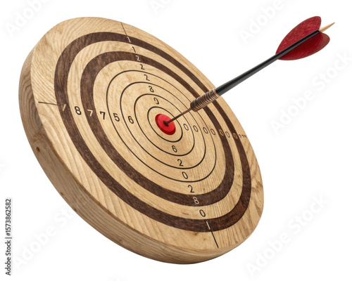 Wooden Dartboard Featuring Bullseye With Arrow Hitting Center Target Representing Success