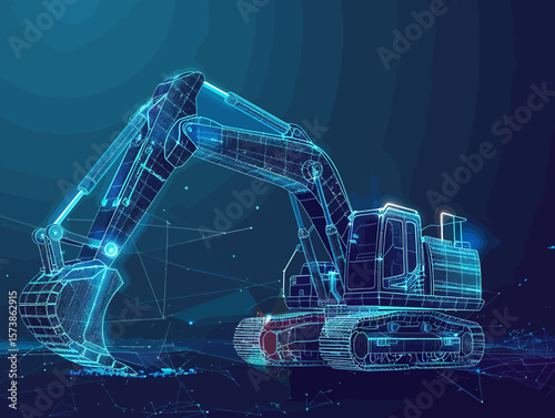 Excavator wire-frame grid futuristic design concept vector illustration