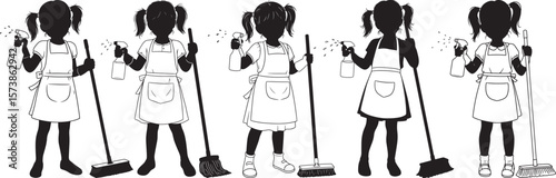 Cute Girl Cleaning With Spray Mop And Apron silhouette
