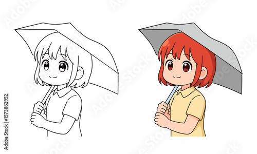 girl with umbrella coloring page for kids