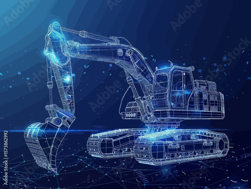 Excavator wire-frame grid futuristic design concept vector illustration