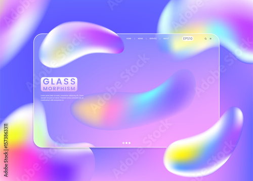 Modern glassmorphism landing page with colorful fluid gradient shapes. Trendy web design concept for UI or UX, tech presentations, or digital product showcase.