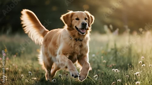 Golden Retriever Joyful Run in Sunny Meadow
