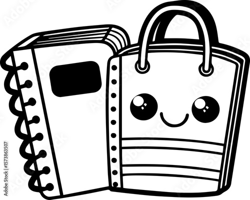 Notebook and shopping bag illustration, SVG with clean lines.Cute Cartoon Notebook and Bag with Smiling Face Design