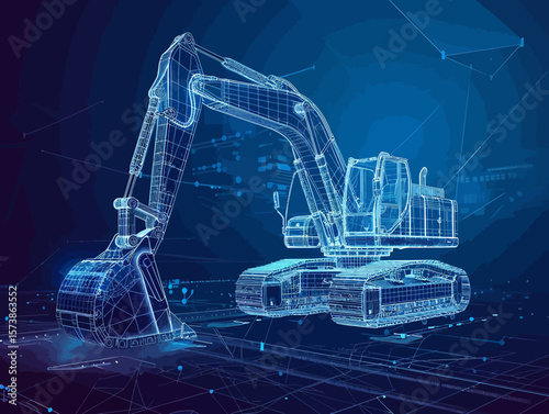 Excavator wire-frame grid futuristic design concept vector illustration