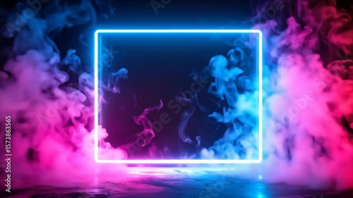 Neon rectangle frame with pink and blue smoke
