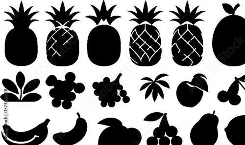 Fruit Glyph Icon Set Vector EPS 10 – Black Silhouette Symbols of Banana, Strawberry, Pineapple, Cherry, Mango, Avocado, Lemon, Apple, Pear, Kiwi, and More for Food, Health, and Nutrition Illustrations