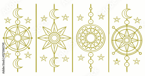 Mystic moon phases and star patterns in golden geometric columns, Celestial vector art for spiritual and astrological themes