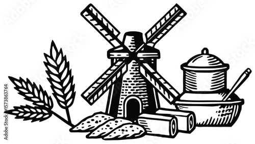 Vintage windmill with wheat and baked goods grain bread