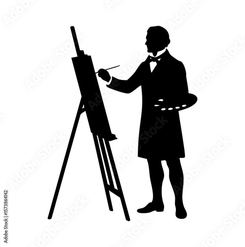 Classic Artist Silhouette Vector: Elegant Painter at Easel with Palette - Ideal for Creative, Artistic & Design Projects, Digital Art & Crafting
