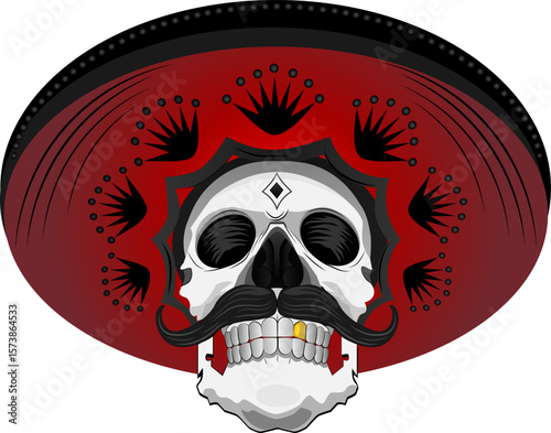 Halloween skeleton head of a man with a gold tooth and a sombrero