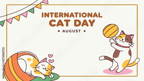 Celebrating International Cat Day in 8 August, with blank space on the right for your message or text in white background