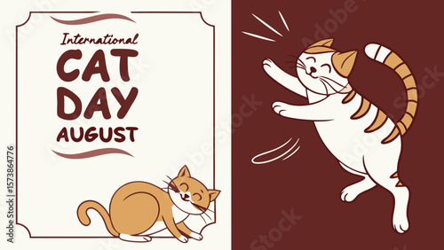 Celebrating International Cat Day in 8 August, with blank space on the right for your message or text in red white background