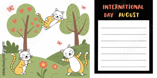 Celebrating International Cat Day in 8 August, with blank space on the right for your message or text in black white background