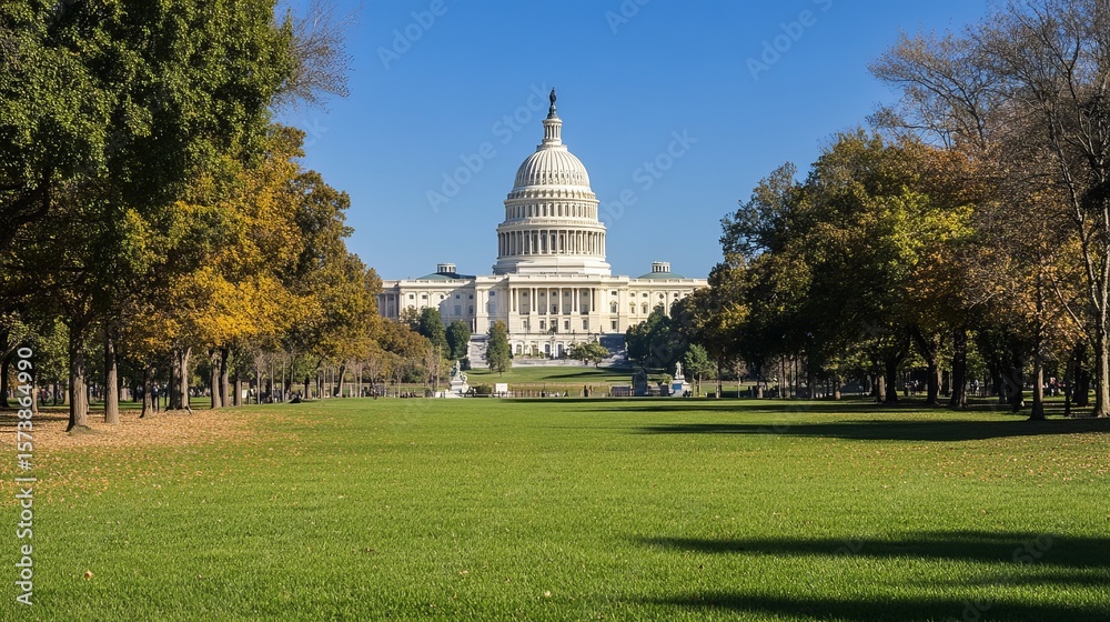 Obraz premium Autumnal view of a majestic capitol building, framed by vibrant trees and a sprawling green lawn under a clear blue sky