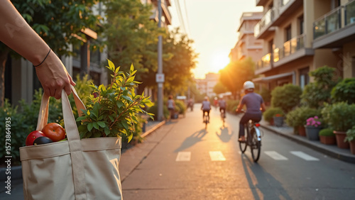 Ultra-realistic first-person photo of walking down a tree-lined street in a sustainable city at sunrise, holding fresh market veggies and flowers, embodying serene, slow living and community life.