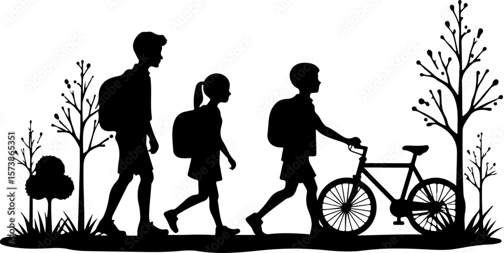 Obraz premium father and son walking in school, silhouette, tree, couple, family, nature, people, child, love, park, woman, vector, grass, illustration, spring, walk, boy, sky, garden, mother, father, summer, sun, 