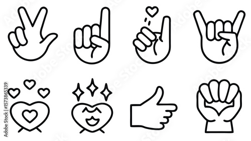 Diverse hand gestures conveying emotions and symbols peace sign victory sign