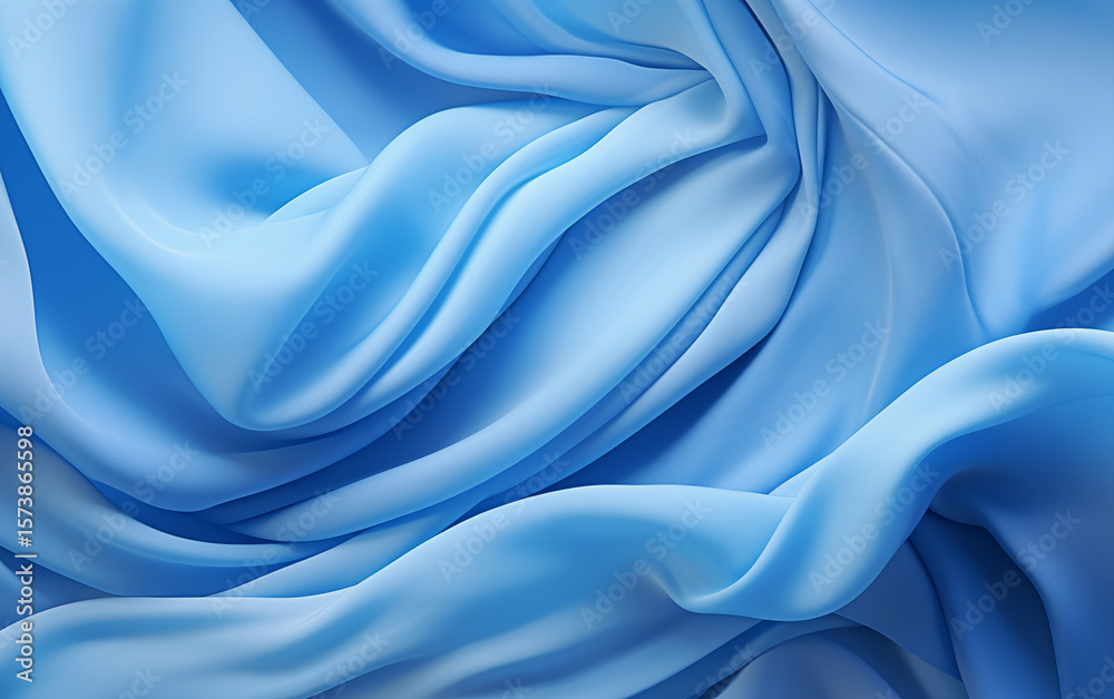 Fototapeta premium The soft blue fabric gracefully flows and drapes in a wave-like pattern, creating an elegant visual effect. Subtle light reflections enhance the texture and smoothness, making it appear luxurious