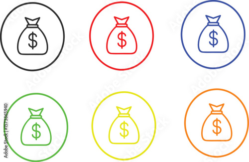 Collection of colorful money bag icons with dollar signs inside circles representing financial concepts and wealth accumulation